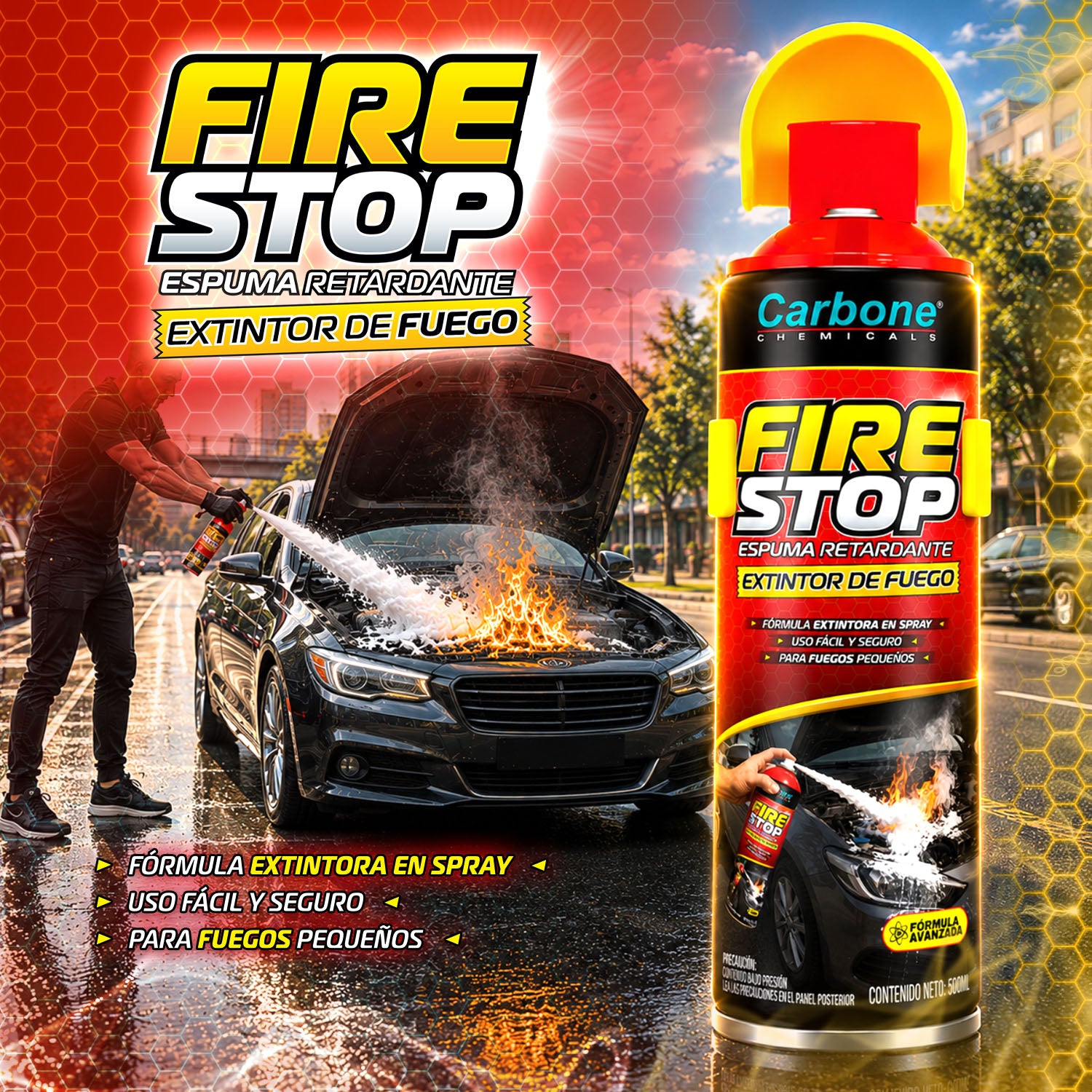 Extintor en Spray 500ml Tipo Aerosol Portátil Para Auto y Moto. Apagafuegos Rápido para Vehículos y Emergencias