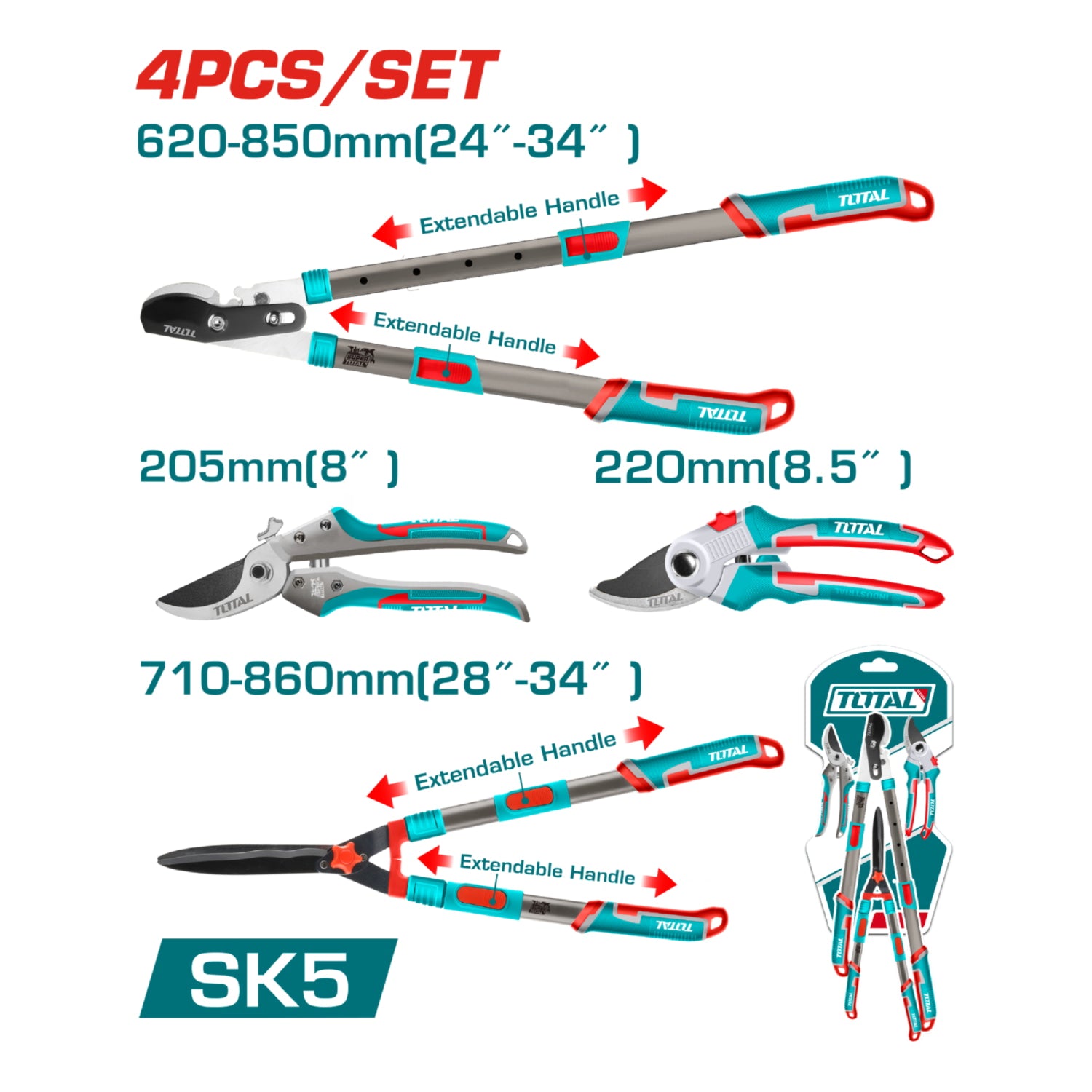 Tijeras de Jardín 8.5" , 8", 24"-34", 29"-34" SK5 con Mangos Telescópicos y Cuchillas deTeflón Podador y Cortasetos. Set de 4 pzas.