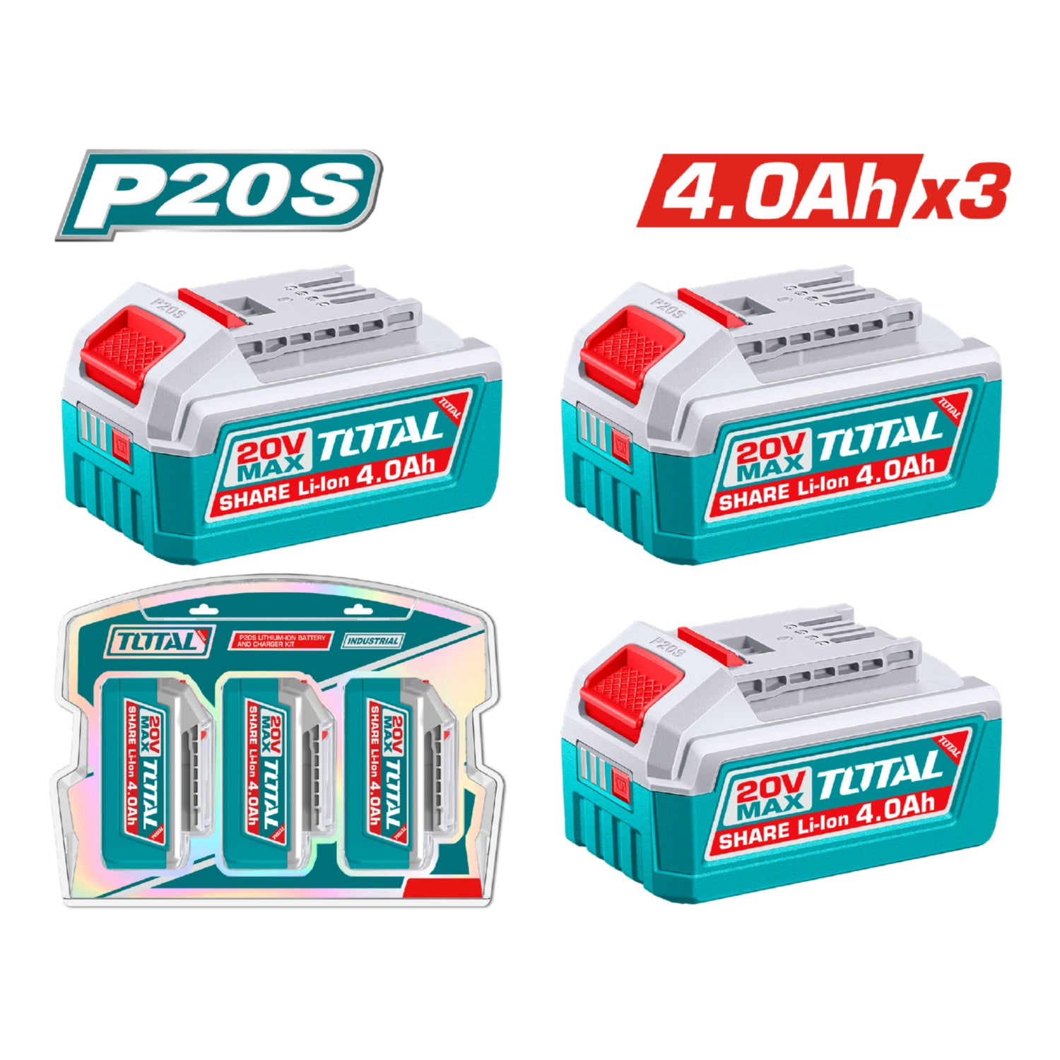 Batería Inalámbrica 20V 4.0Ah para Herramientas P20S Alta Potencia y Larga Duración. Set de 3 baterías.