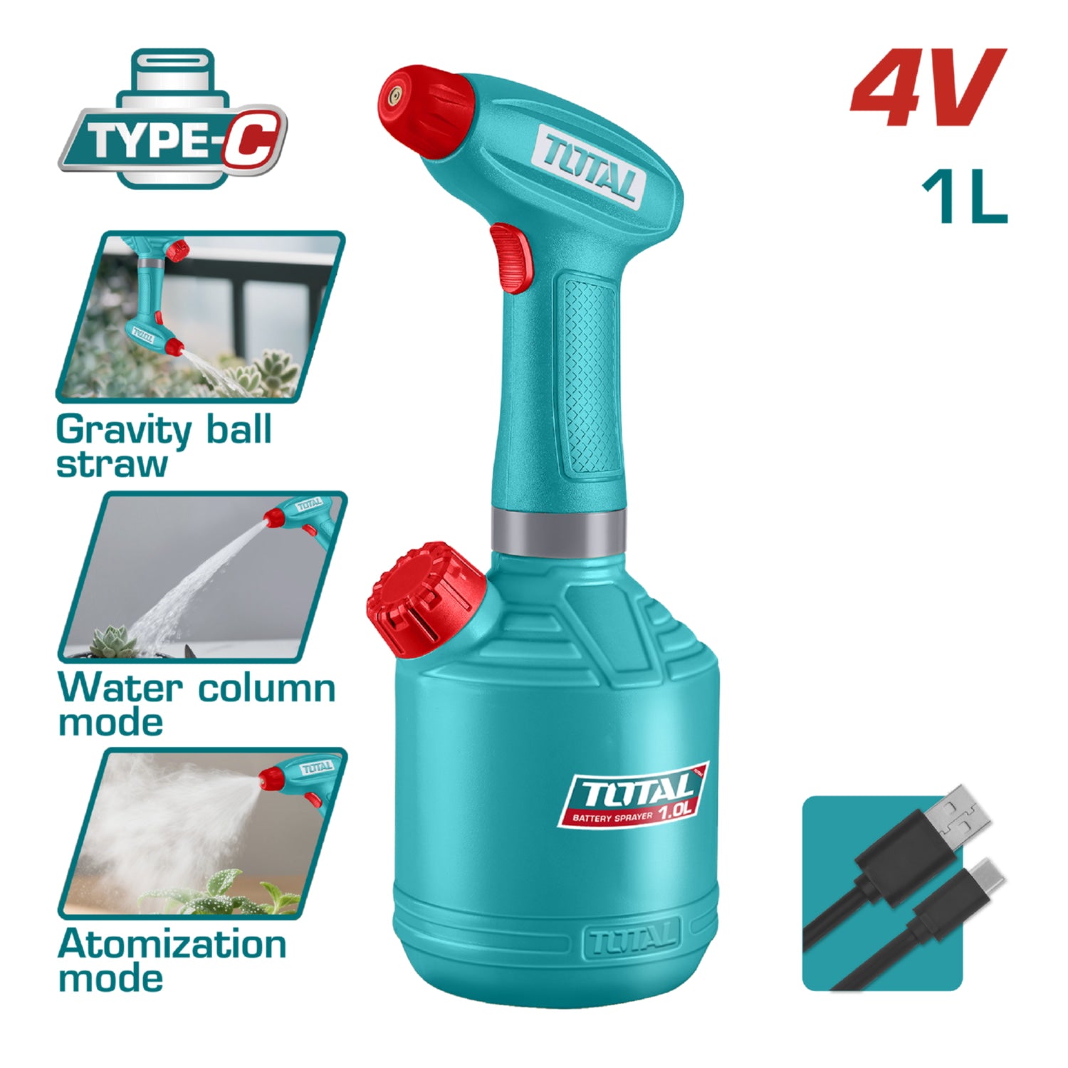 Rociador Pulverizador 4V 1.0L BAR 1.4 con 90min de Autonomía Atomización Ajustable Inlámbrico USB-C