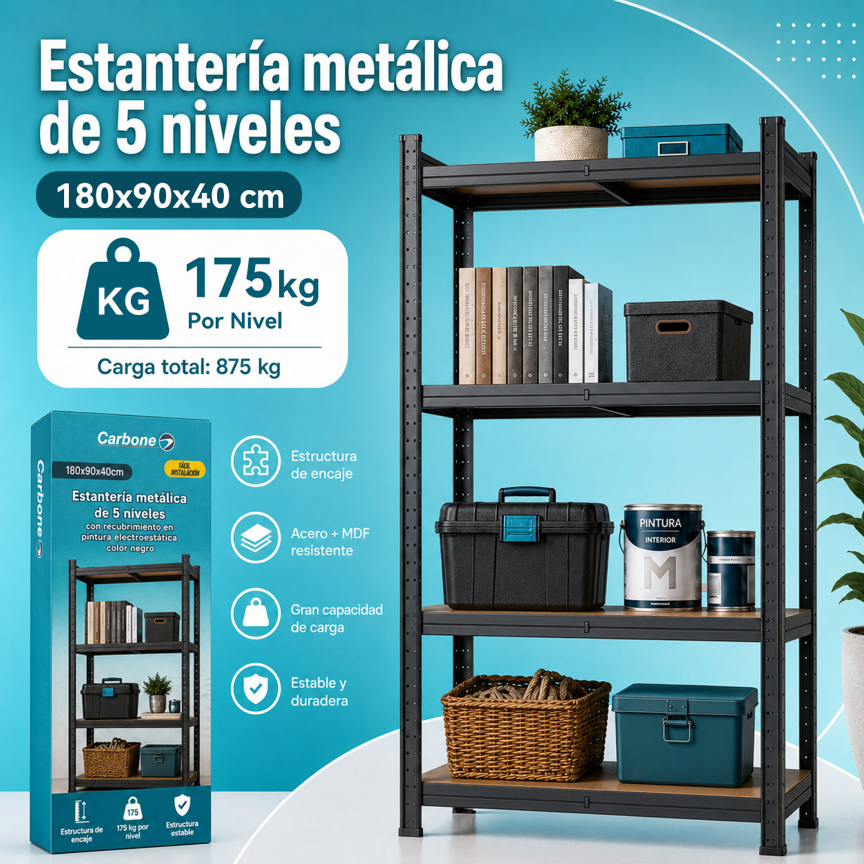 Estantería Metálica de 5 Repisas Ajustables (180x90x40cm). Estante Organizador de Acero con Capacidad de 175Kg por Nivel.
