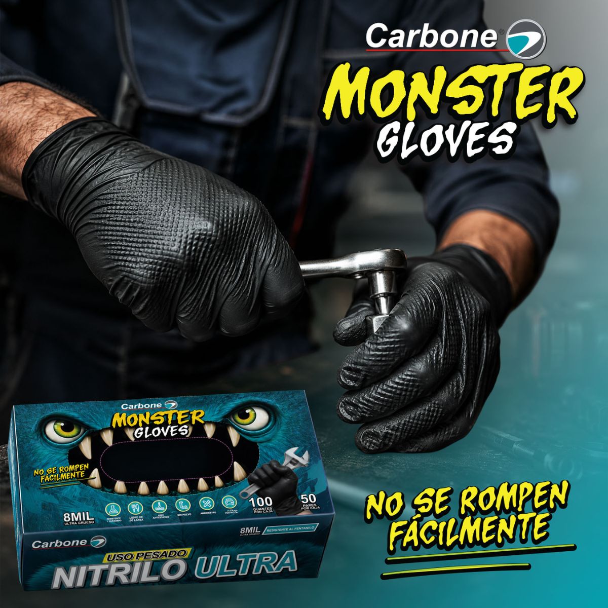 Guantes de Nitrilo Negros 8 Mil (0.20 mm) Monster Gloves Carbone. Ultra Resistentes y Difíciles de Romper. Uso Industrial Mecánico y Automotriz. Caja 100 Unds