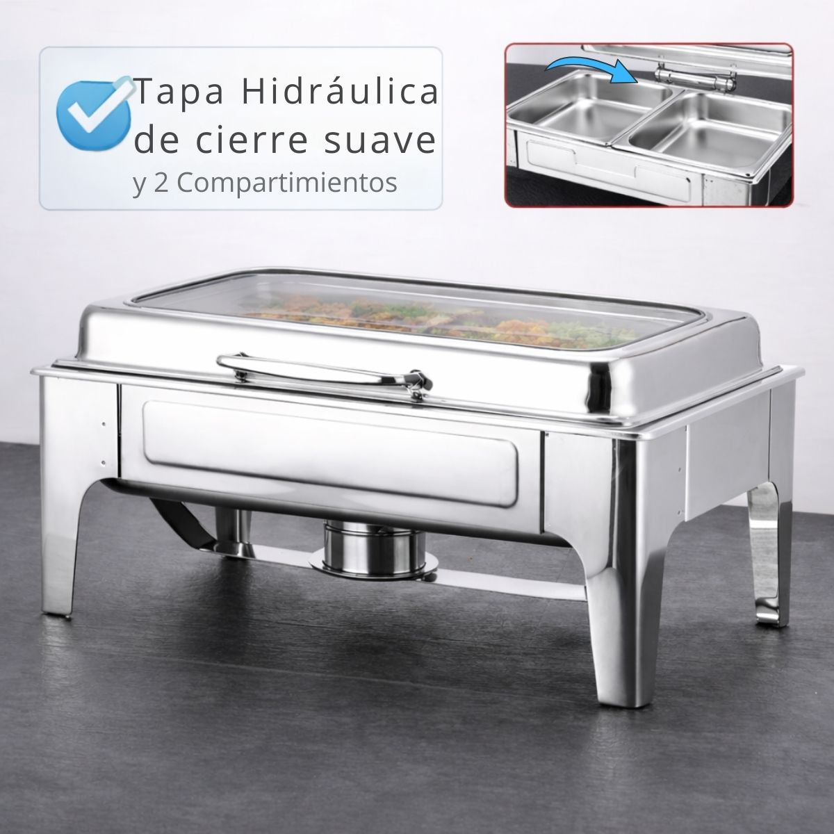 Chafing Dish Rectangular De Acero Inoxidable Con Tapa De Vidrio hidraulica cierre suave 22x16x11" De 2 Compartimientos Calentamiento Por Alcohol Para Hoteles, Restaurantes, Buffets, Catering.