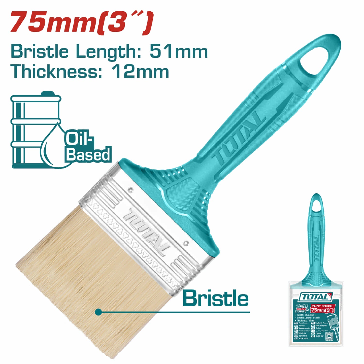 Brocha de 3" (75mm). Largo 51mm grueso del pelo 12mm. Mango de plástico.