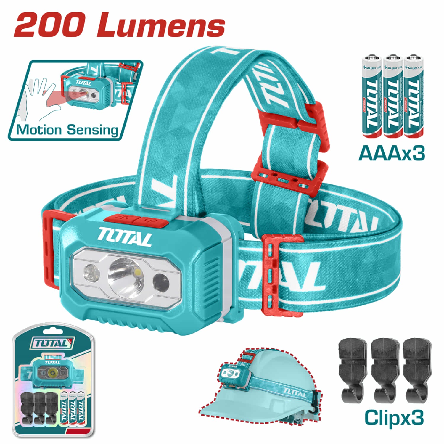 Lampara de cabeza Máx.: 200 lm, Bajo: 100 lm, usa 3 baterías AAA, L:10hrs Distancia 91m, IPX4