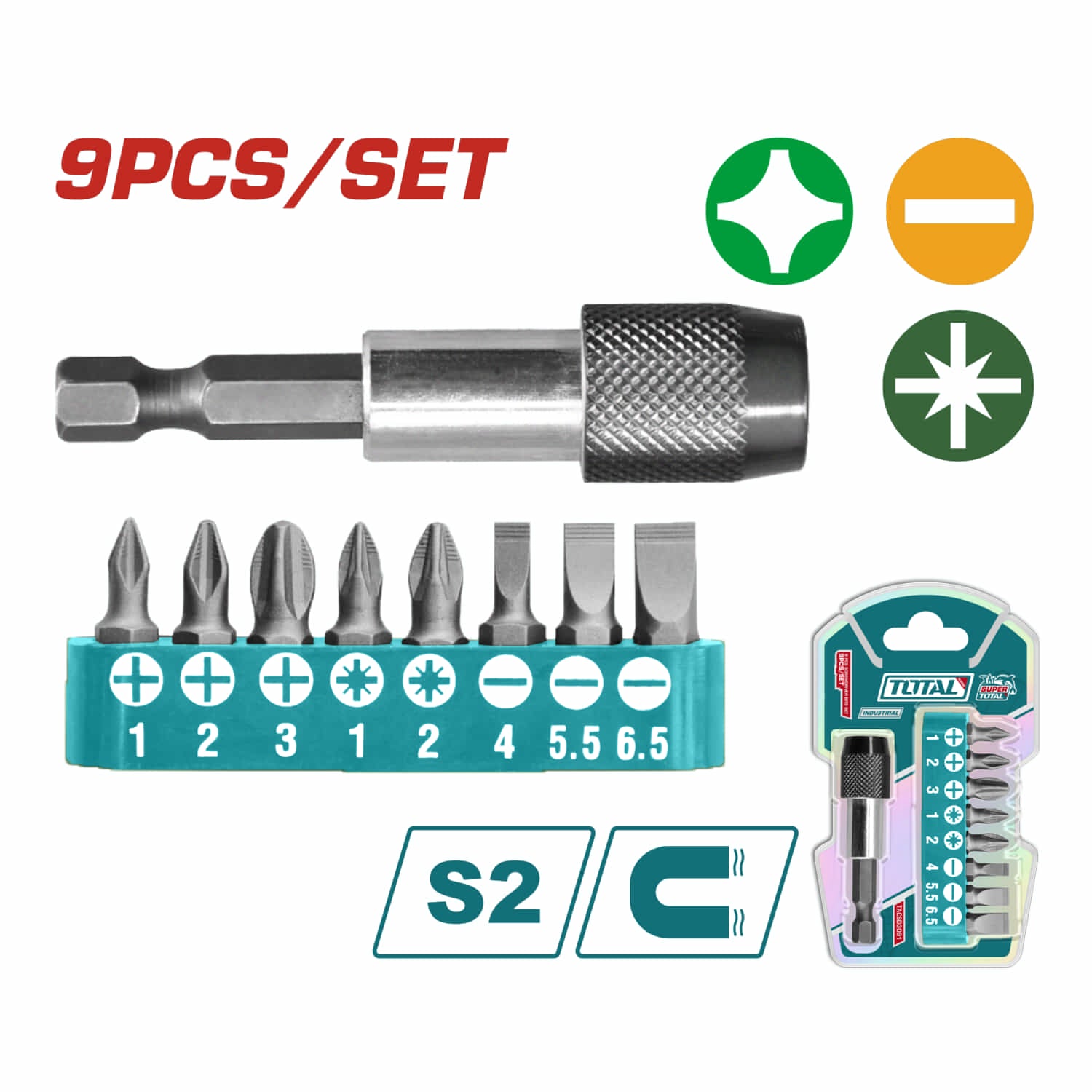 Juego de 9 pza magnet. Puntas destornillador con adaptador PH1,PH2,PH3,SL4.0,SL5.5,SL6.5,PZ1,PZ2
