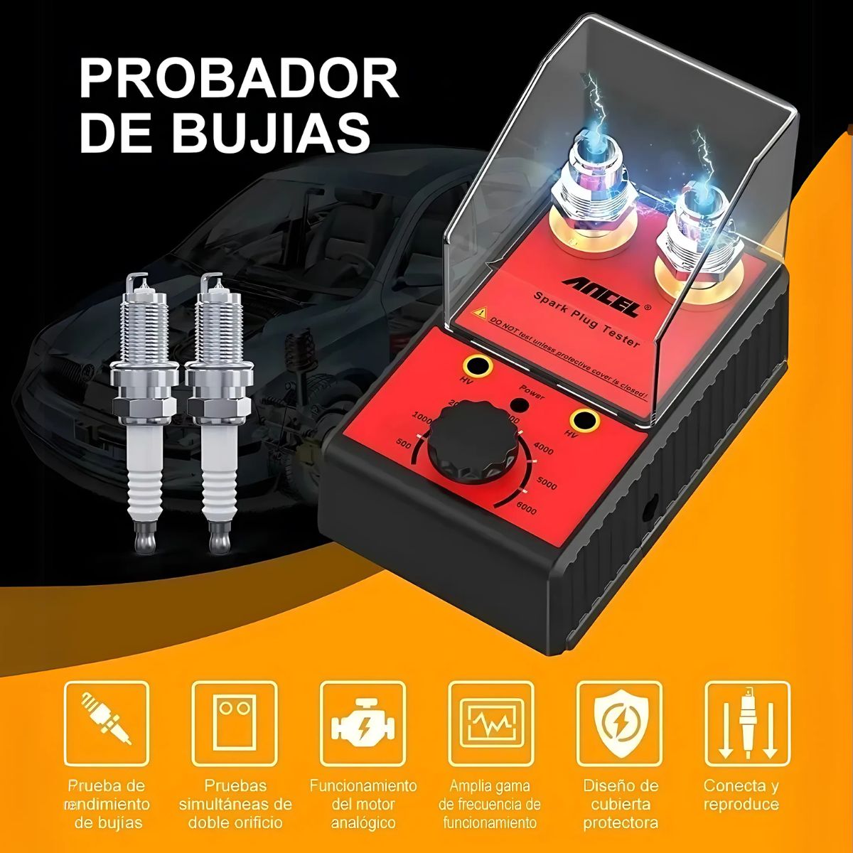 Probador de Bujías Dual. Tester medidor de Encendido 12V con Frecuencia Ajustable 0–6000 rpm y Doble Orificio.