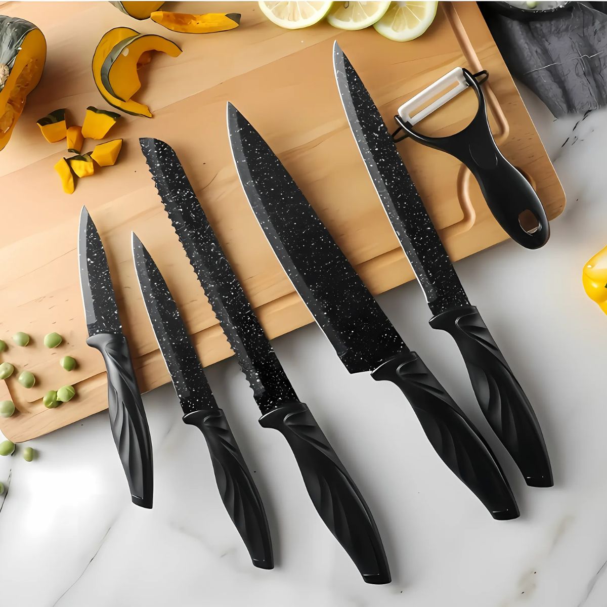 Cuchillos de Cocina Profesionales. Set de 6 piezas. Juego de cuchillos antiadherentes con pelador.