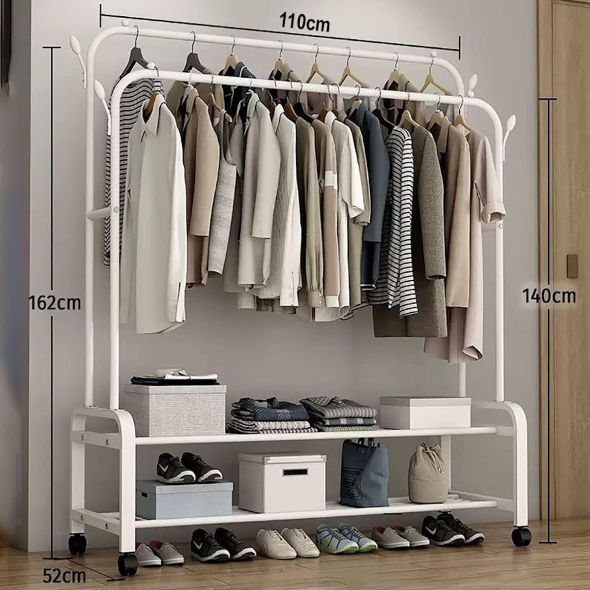 Perchero Rack con Ruedas para Ropa. Organizador Multifuncional para Dormitorio. 162x110x52cm. armarios closets closet guardarropa. Color: Blanco