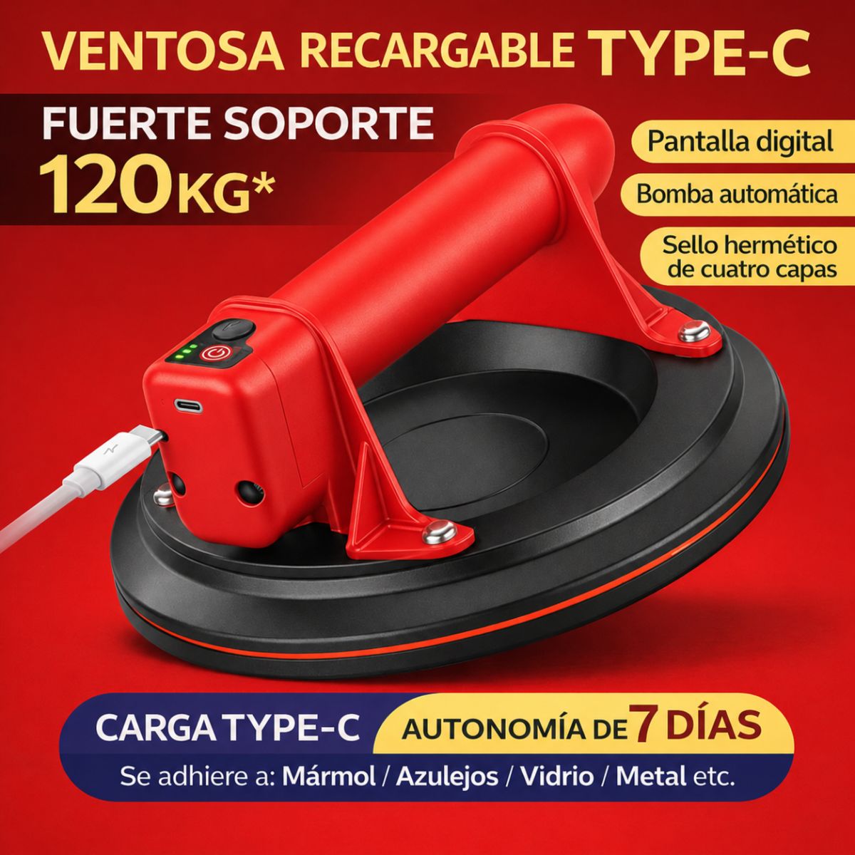 Ventosa Eléctrica 8" Recargable 120KG. Bomba Automática con Pantalla Digital. Succionador chupas para Mármol, Vidrio y Azulejos.