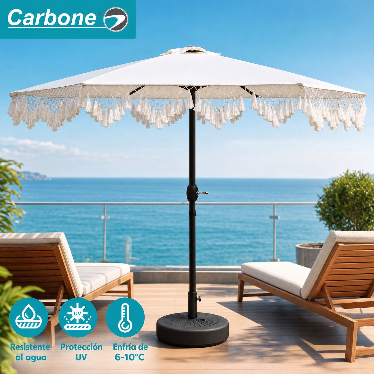 Sombrilla de Patio 2.7 M con Borlas Decorativas, Color blanco Inclinación Ajustable y Base de agua para Exteriores. Paraguas para jardín. Parasol