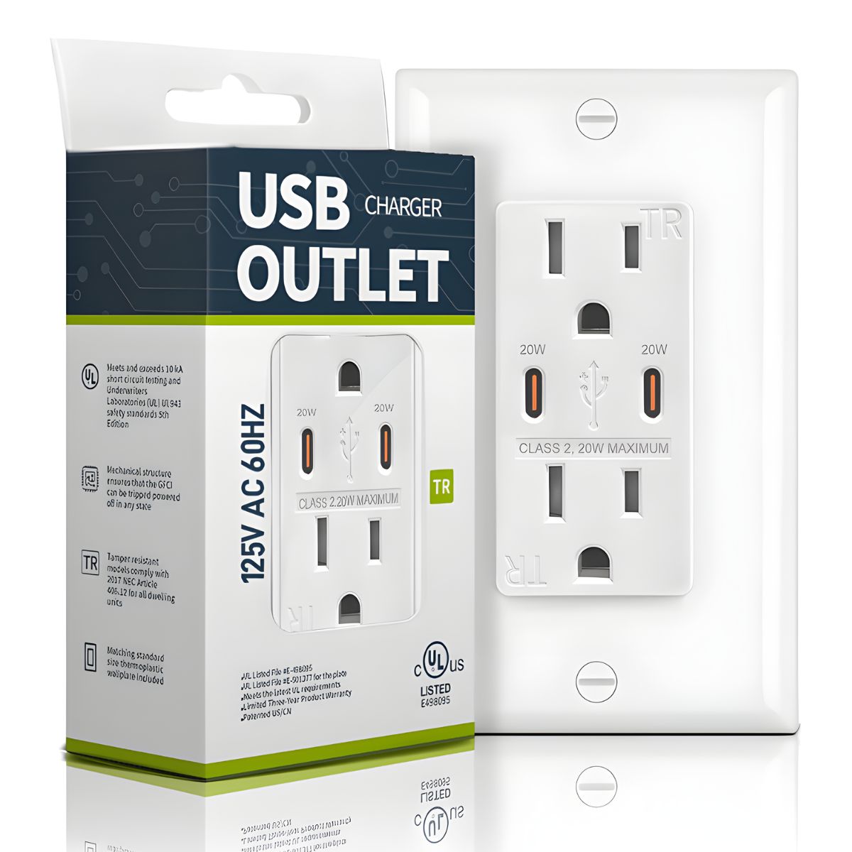Tomacorriente Doble De Pared 15amp Con USB-C Dual 20W. Enchufe 125V AC Con Carga Rápida Para Dispositivos Electrónicos Y Protección TR. FTR15QC DC20W. UL listed