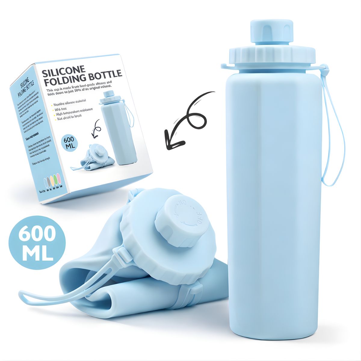 Botella de agua plegable de silicona 600ml. Termo portátil. Diseño flexible compactable. BPA Free. Color celeste.