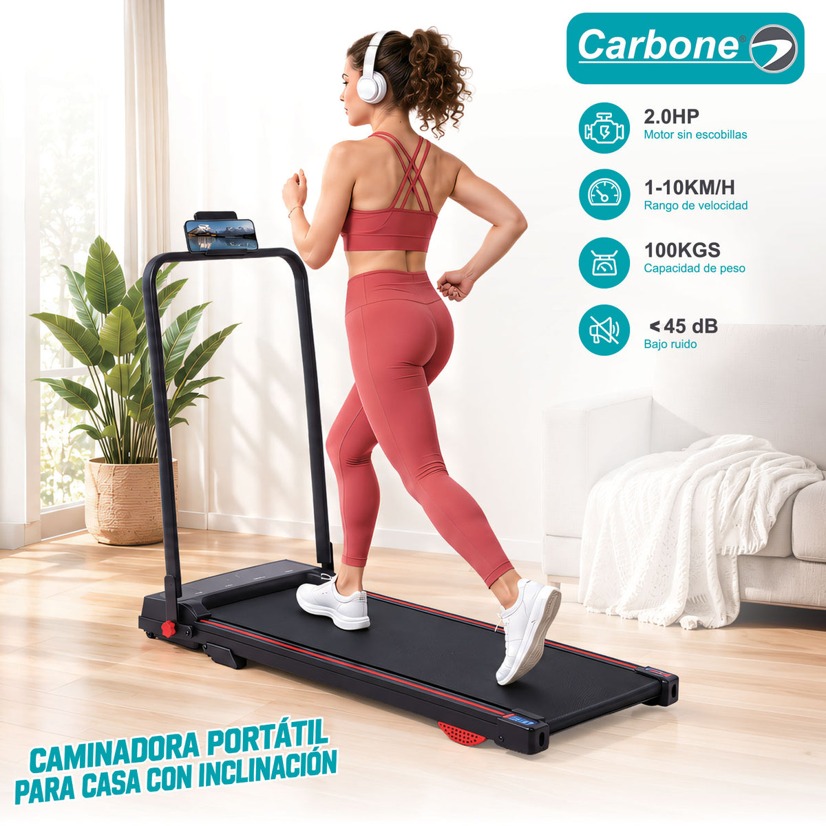 Caminadora eléctrica Cinta de Correr Plegable con Bluetooth 10KM/H, Motor 2.0HP con Velocidad 1-10km/h y Baranda Manual Negra (49x105x105cm).