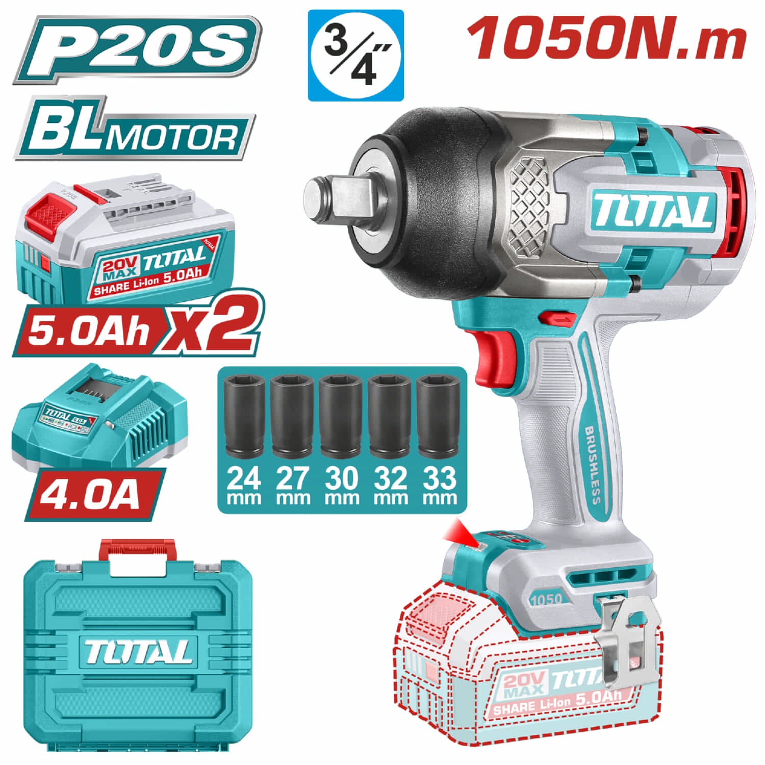 Llave Impacto dado cuadrado 20V 3/4" Motor sin escobillas. 1050 Nm Incluye 2 baterías y cargador. Super Total