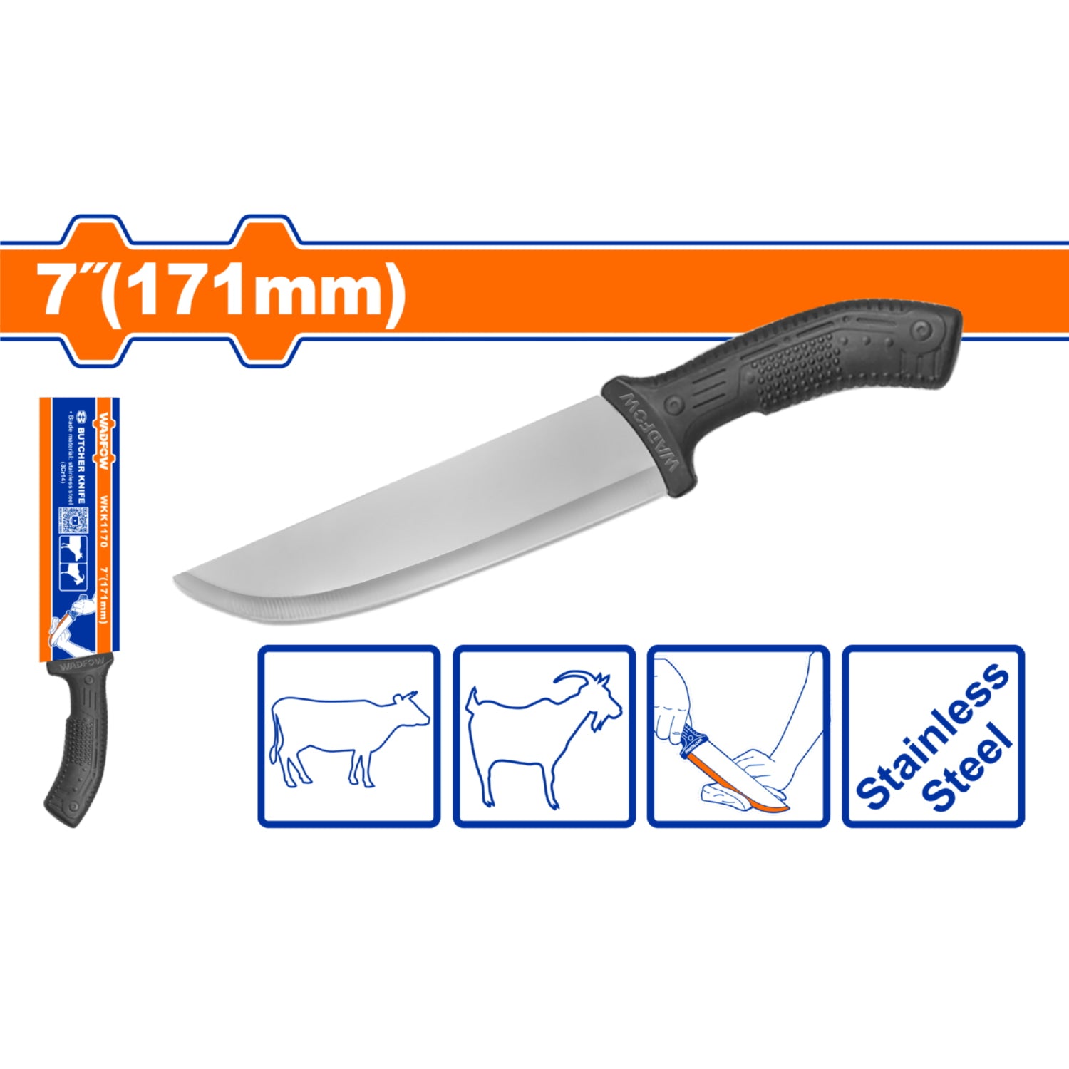 "Cuchillo de carnicero Butcher knife
Length:7''(171mm)
Blade Material: Stainless Steel(3Cr14)
Handle mterial:PP
Packed by paper card"