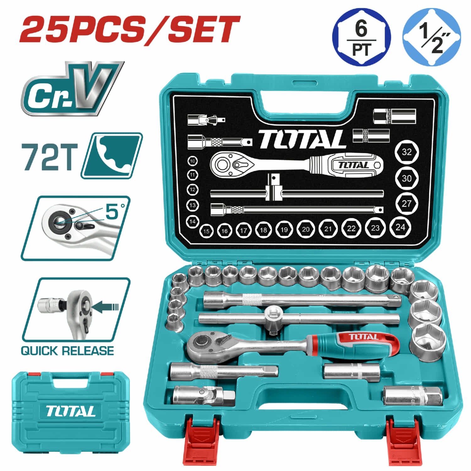 Juego de ratchet con socket 1/2", 25 pzas