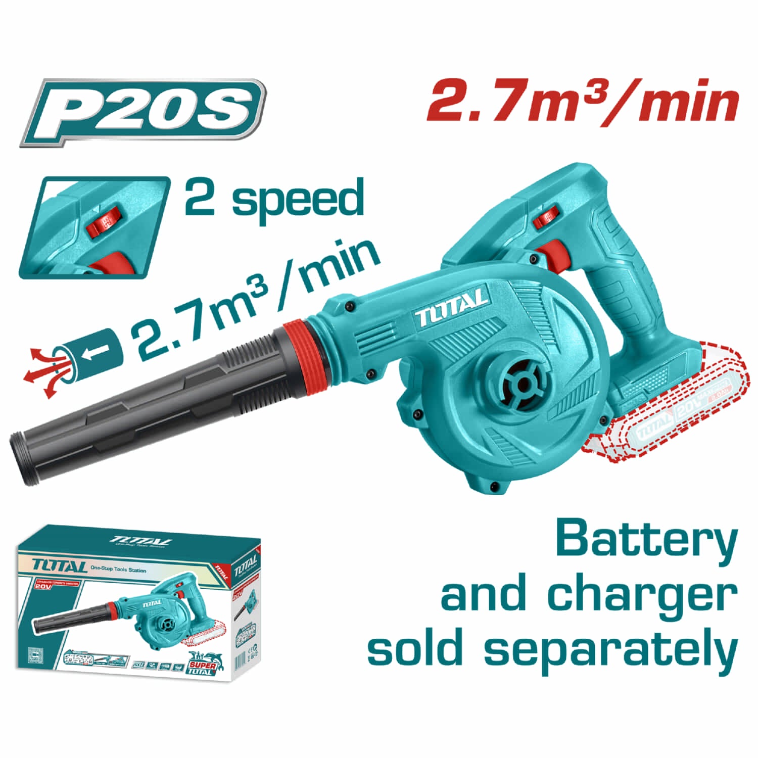 Soplador Total inalámbrico 20V. No incluye Batería Ni Cargador. Batería litio. 18000 rpm.