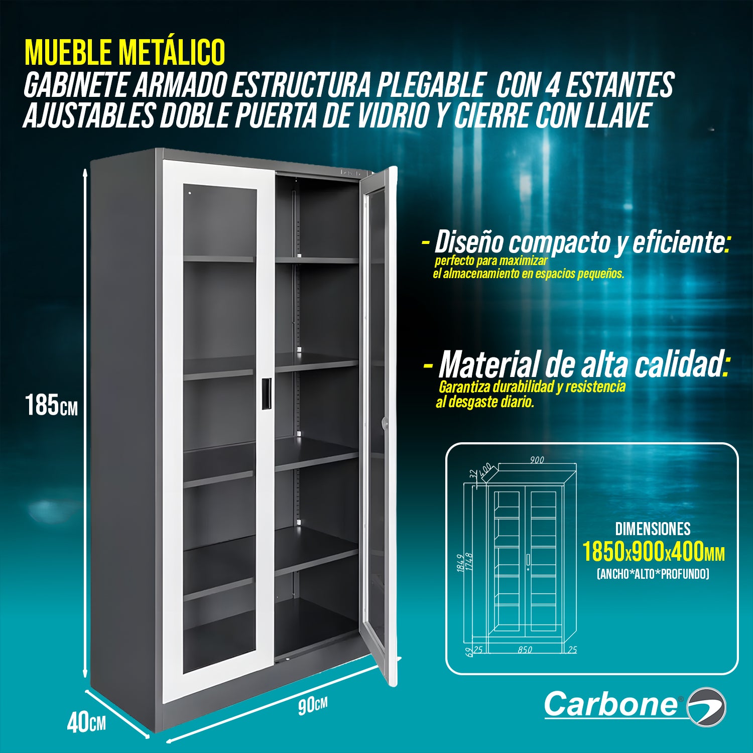Mueble metalico Gabinete armado estructura plegable con 4 estantes ajustables doble puerta de vidrio y cierre con llave 1850x900x400mm