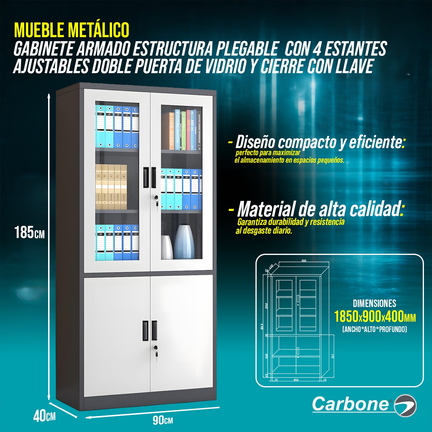 Mueble metalico Gabinete armado estructura plegable cuatro puertas dos repisas superiores una inferior 1850x900x400mm