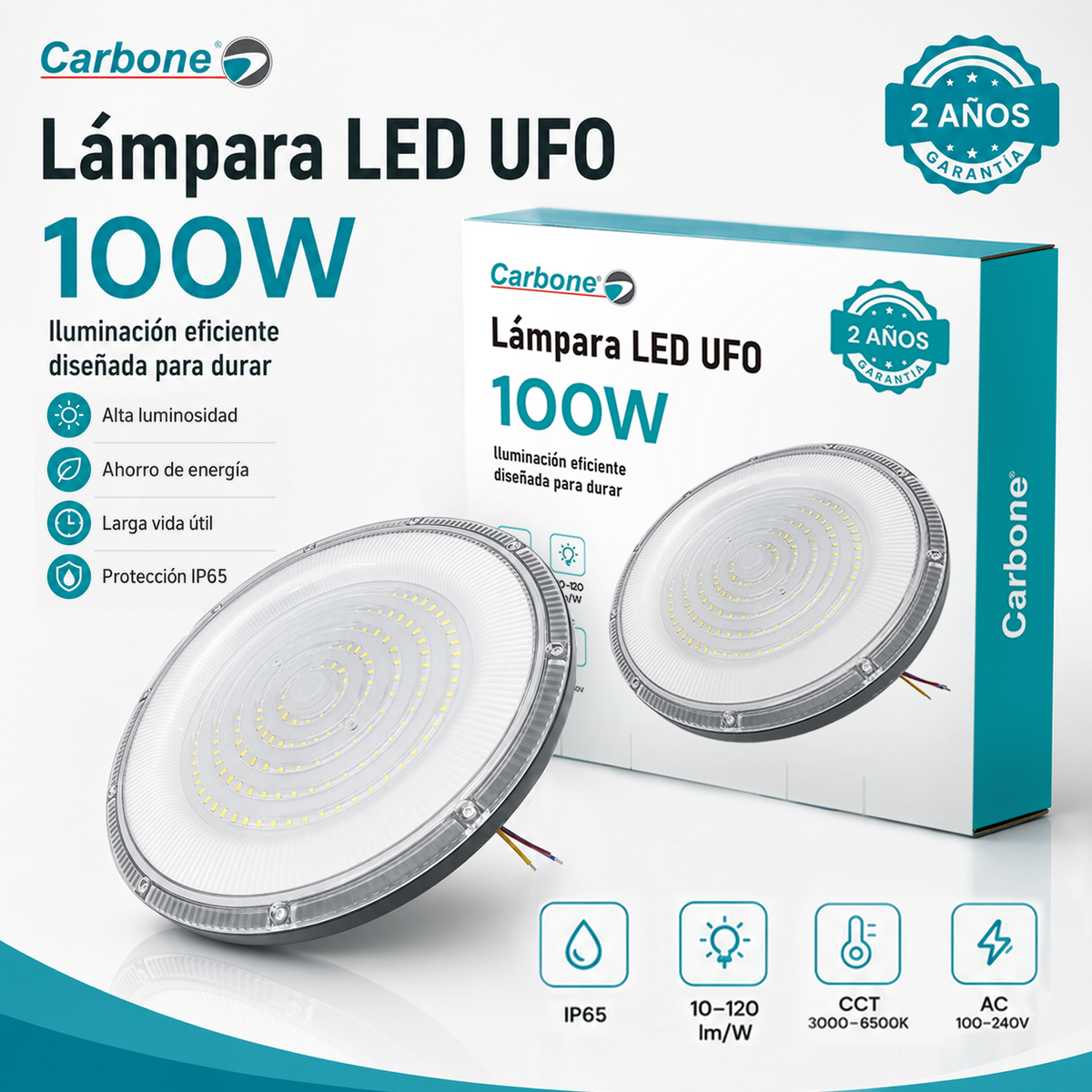 Lámpara LED UFO Industrial 100W IP65 3000K-6500K Para Bodega Galera Taller Comercio Y Centros Comerciales (360x290x76mm). Color Gris