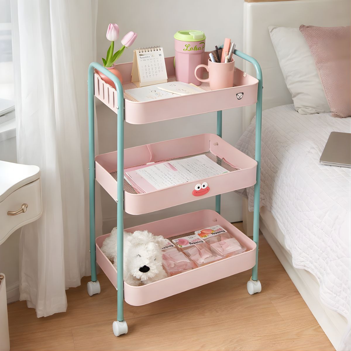 Carrito Organizador Metálico De 3 Niveles 17x12x 28” (43x30x73Cm) Carrito Auxiliar Multifuncional Para Hogar, Oficina, Cocina Y Baño. Color Rosa Y Celeste