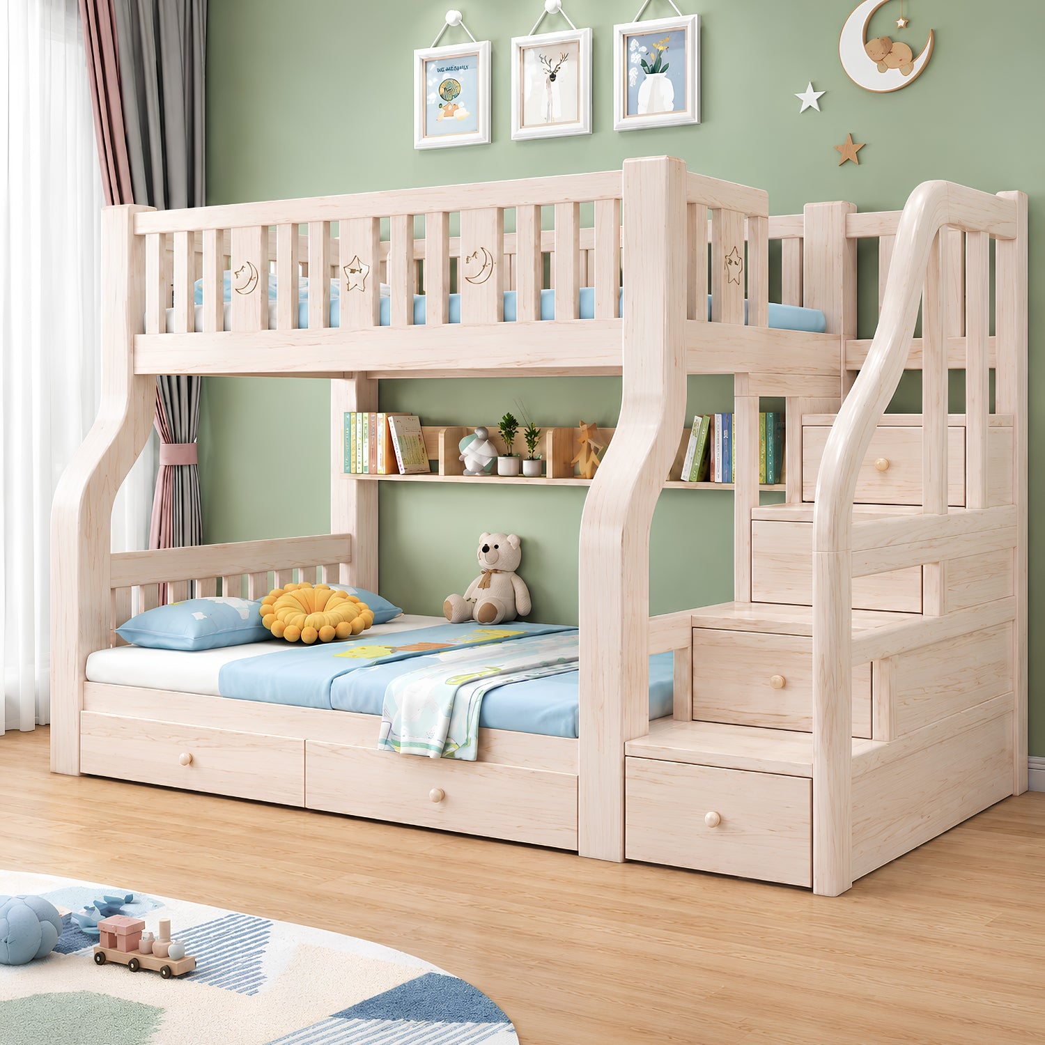 Litera Infantil Camarote Madera Maciza Twin Escalera y Cajones. Cama Barandal de Seguridad, Estantes y Base Reforzada. No incluye colchones (viene desarmado cliente debe ensamblar)