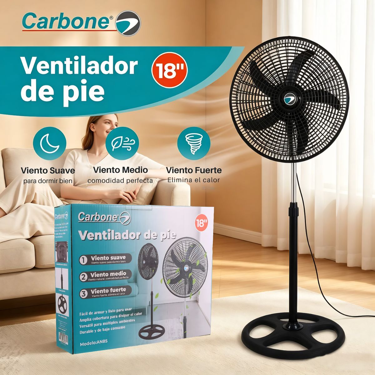 Abanico de Pedestal 18" Negro 110V 50-60W con 3 Velocidades. Ventilador Altura Ajustable 57-127cm con Aspas de Plástico, Motor de Aluminio y Base de Hierro