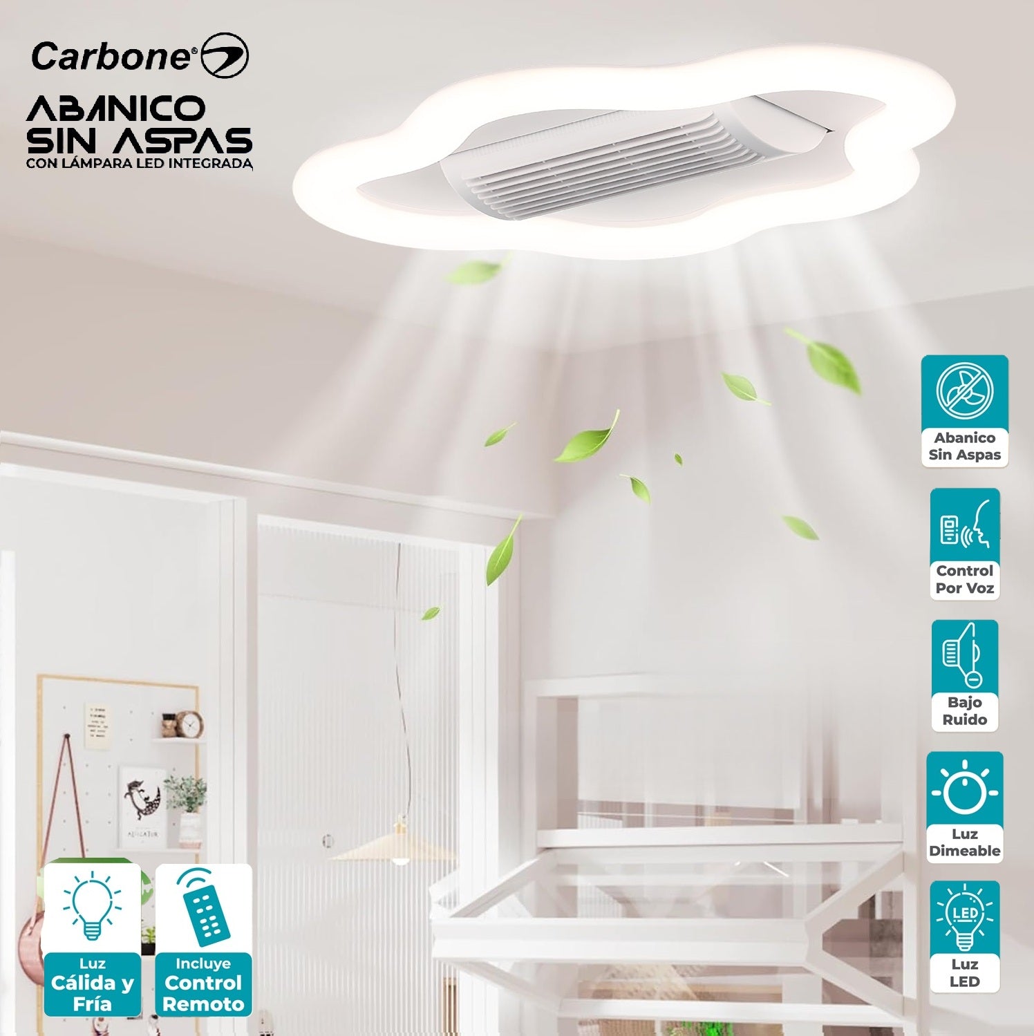 Abanico sin aspas Lampara LED Forma de Nube decorativa dimeable 3000-6500K 56x38cm control por voz 55w