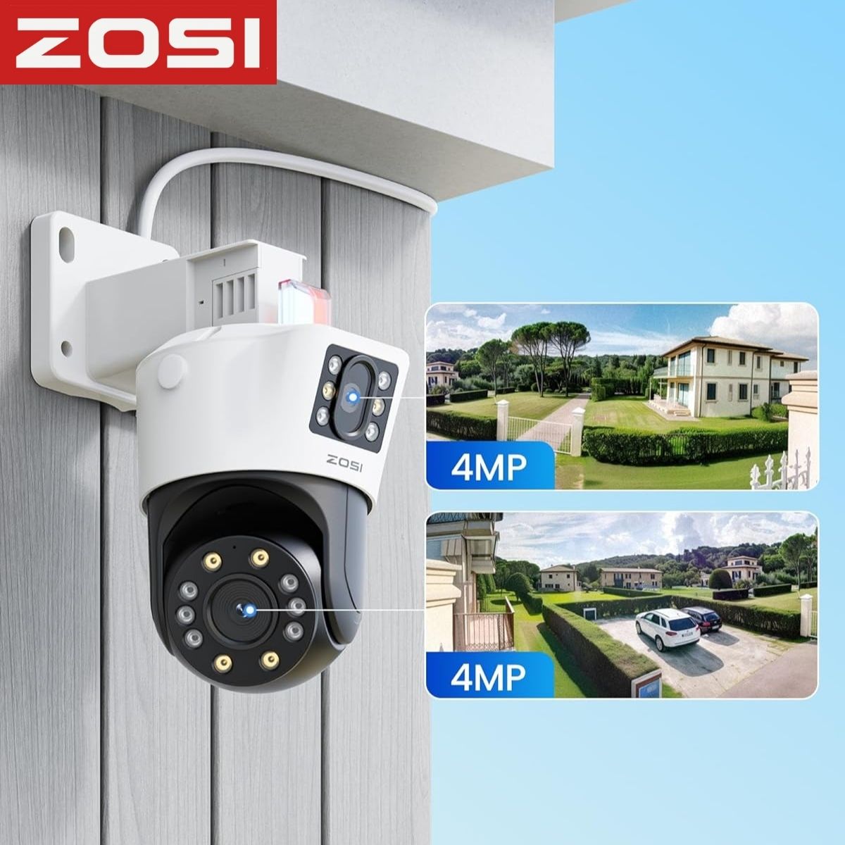Cámara IP PoE Exterior Doble Lente 4MP+4MP con Visión Nocturna Color 30m, Detección de Personas y Vehículos, Audio Bidireccional