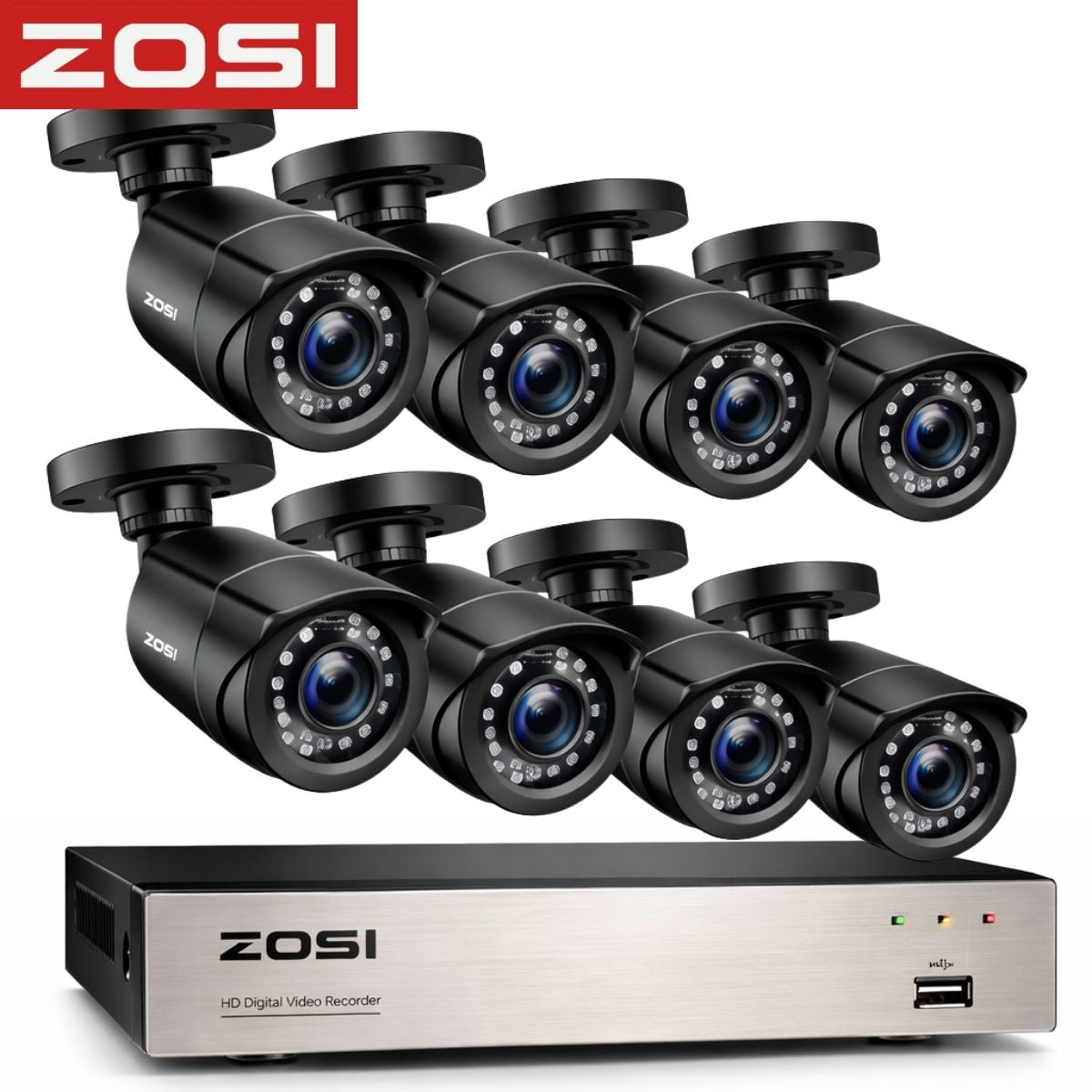 Cámaras de Seguridad 1080P Con DVR 1080P 8 Canales (Set de 8) Con Visión Nocturna 24 IR 24m. Compatible TVI AHD CVI CVBS