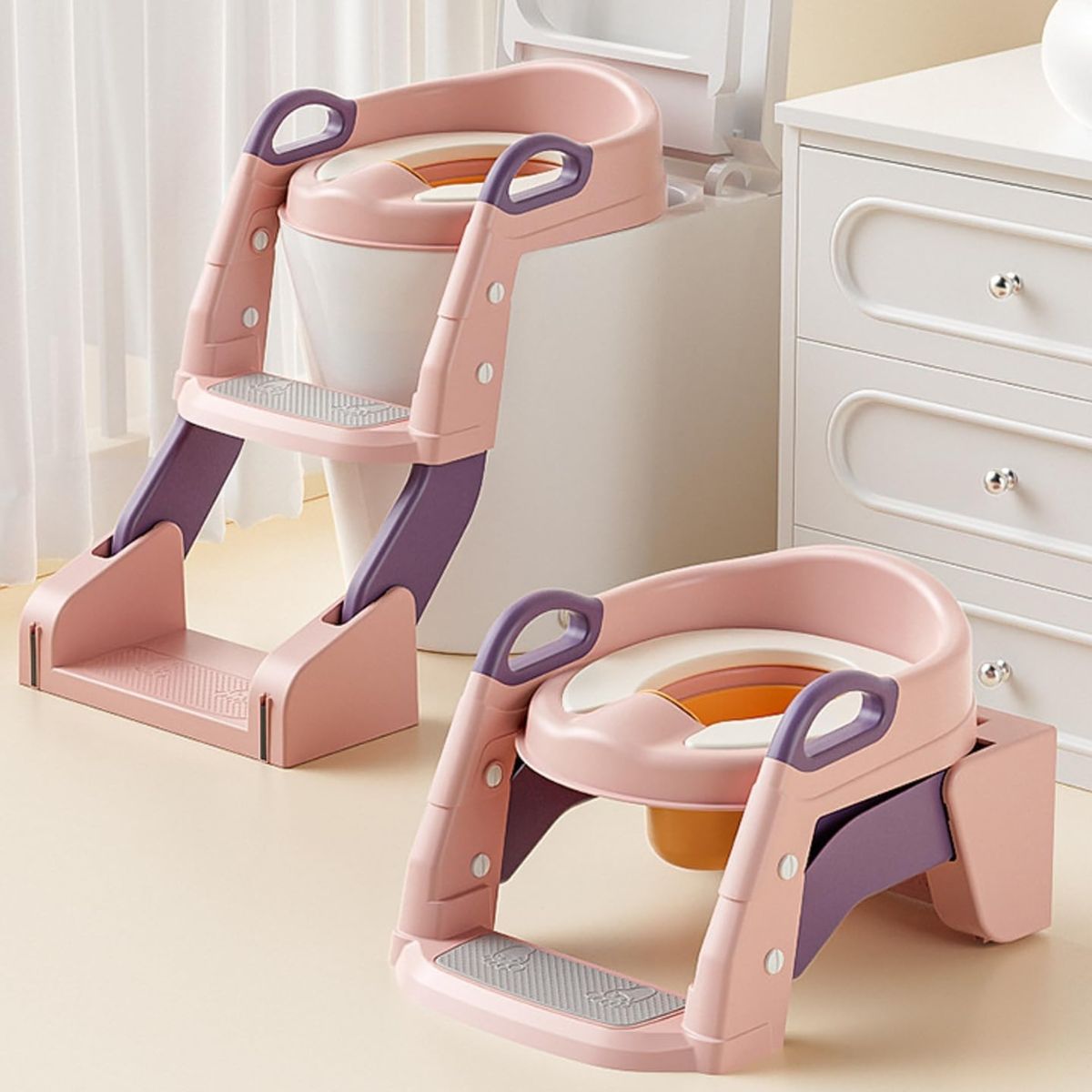 Asiento escalera de entrenamiento silla de inodoro para niños. (2 en 1) Escalera infantil Potty trainer. Escalerita para bebe. Color rosado.