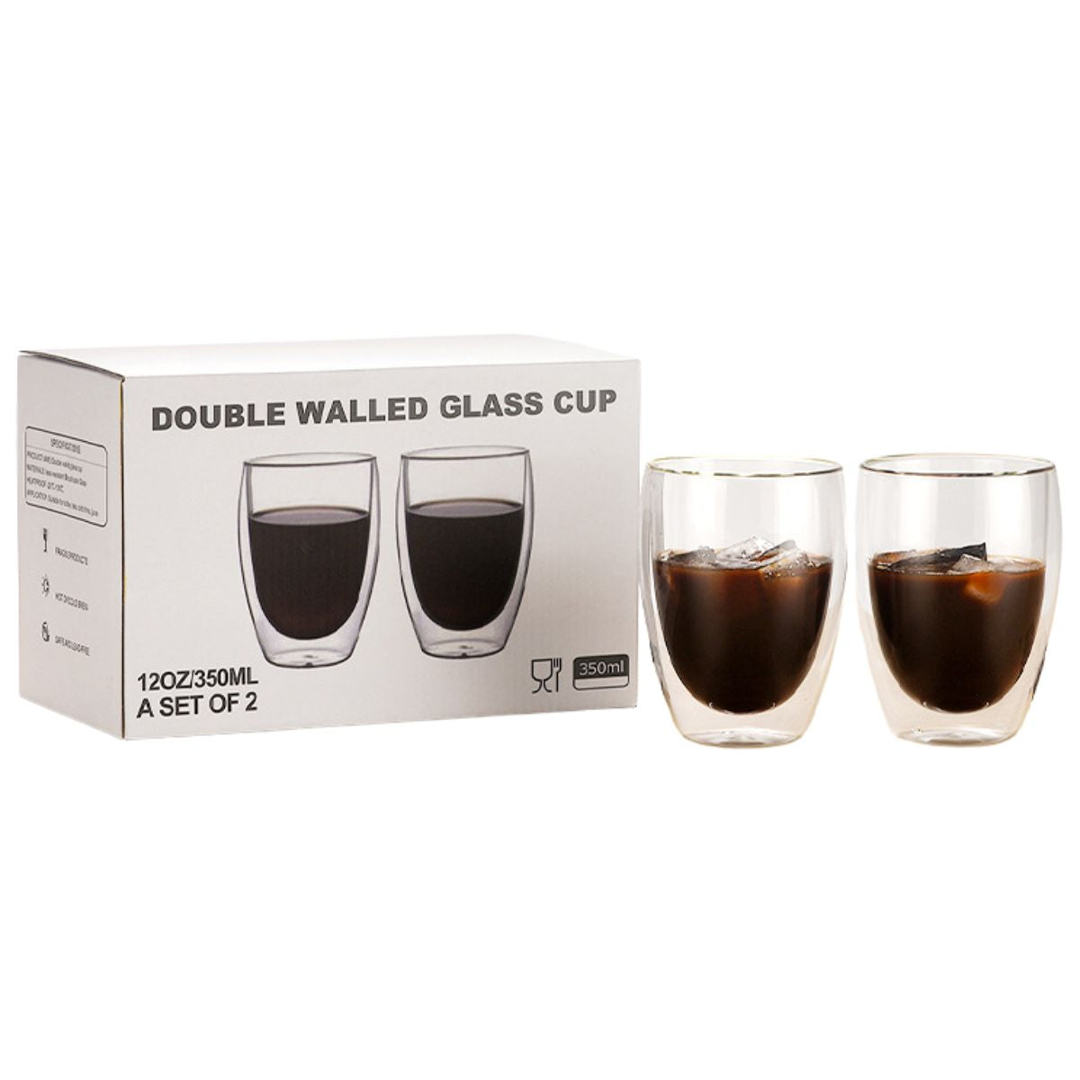 Tazas Vasos de Vidrio con Doble Pared 350 ml (11.8 oz). Para Café, Té y Bebidas Frías o Calientes. (Set de 2 piezas)