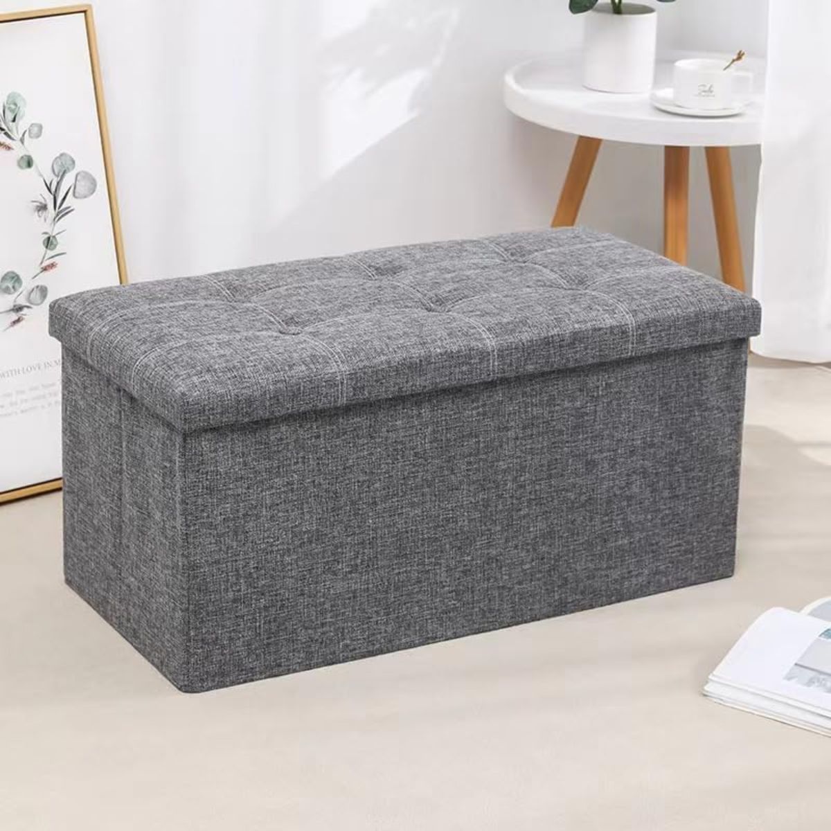 Banco Plegable. Puf otomano doble 76x38x38. Baúl organizador. Color gris. Caja banco con espacio de almacenaje.
