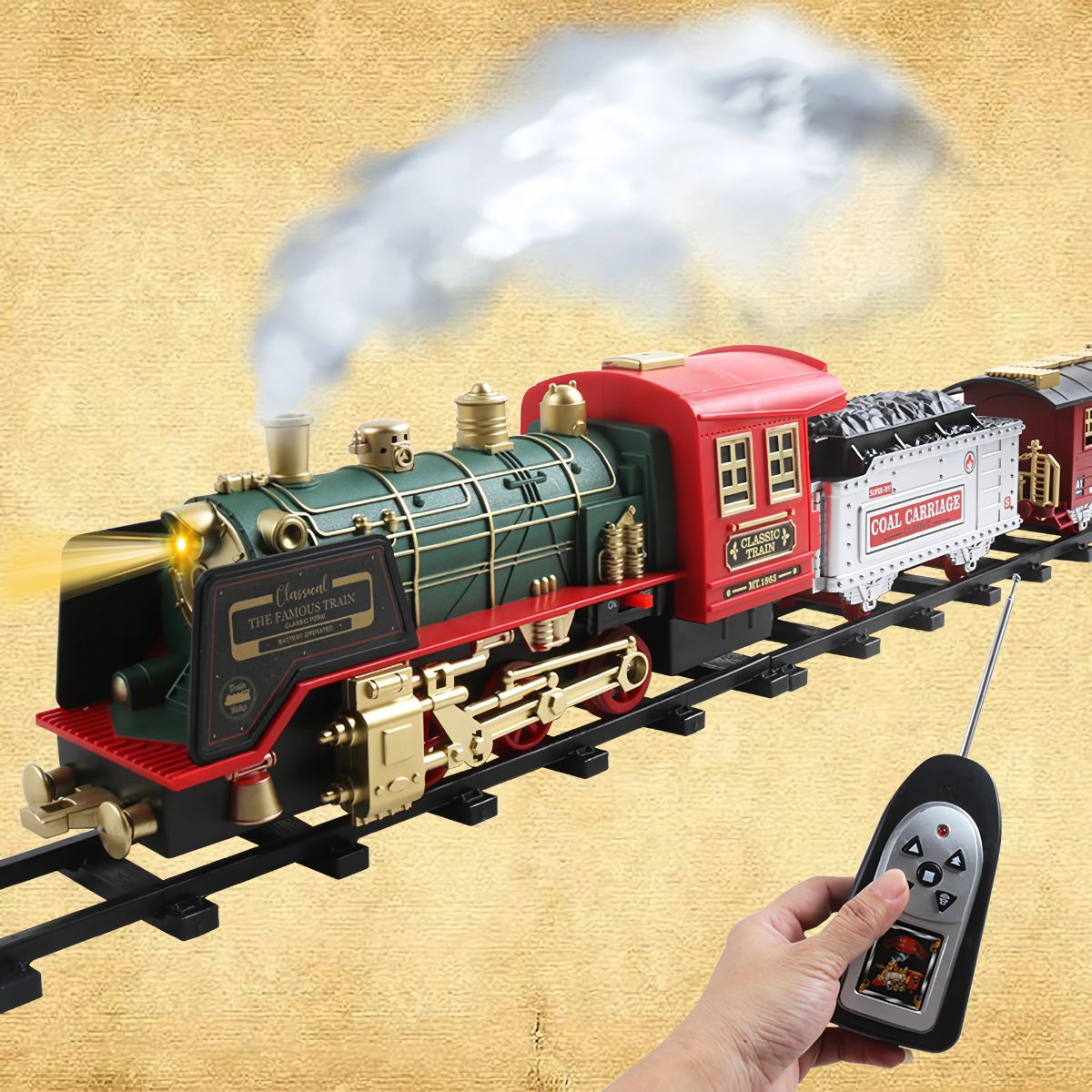 Juguete Eléctrico de Tren con Pista a Control Remoto. Locomotora con Luces y Humo.