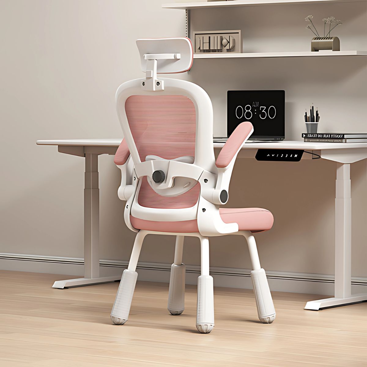 Silla de escritorio de 4 patas, Asiento reclinable ergonómico, cómoda silla de computadora, color blanco y rosado para escritorio.