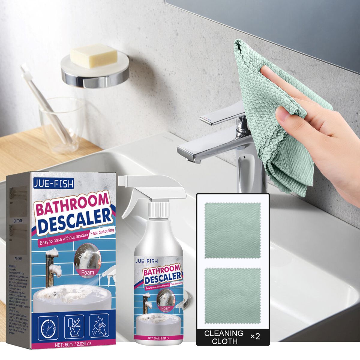 Removedor de Cal y Sarro para Baño. Eliminador de suciedad en espuma Sin Enjuague 60ml. Limpiador Multiusos. (Incluye 2 paños)