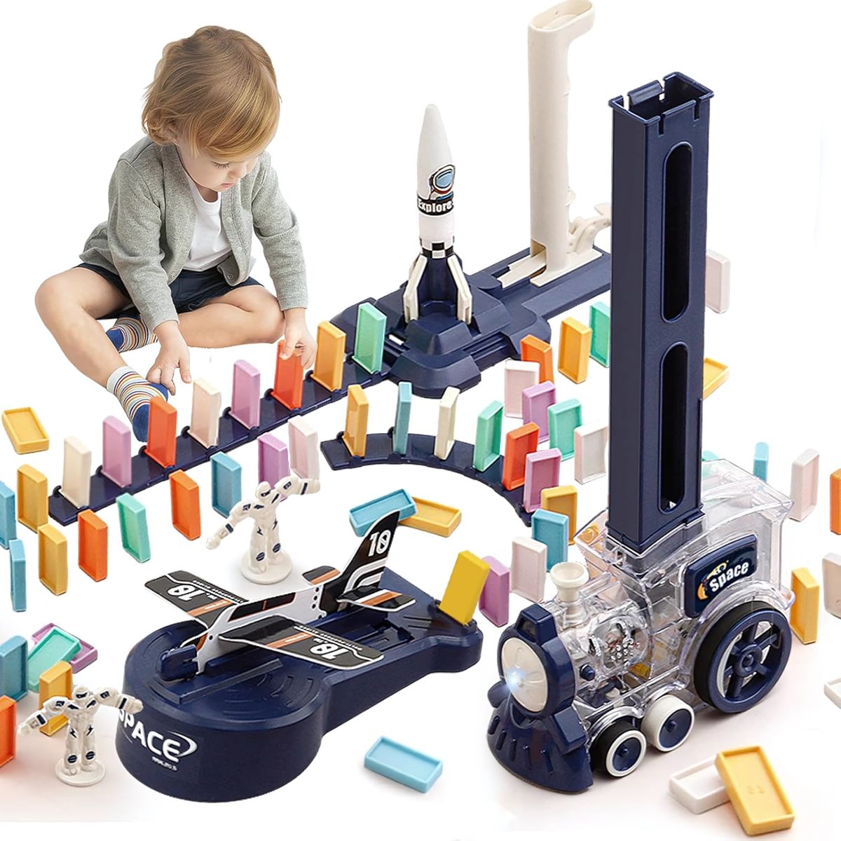 Juguete Tren de Dominós Eléctrico para Niños. Juego Interactivo con 200 Bloques, Educativo y Divertido.