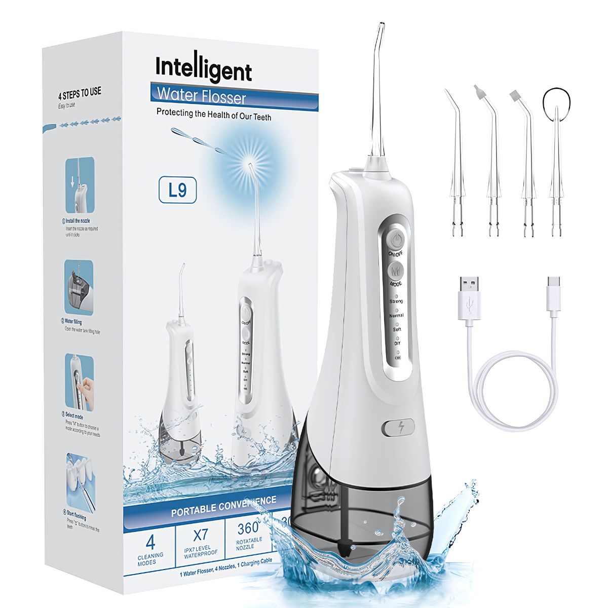 Irrigador Bucal Portátil de 4 Modos con Tanque de 330 ml y Boquillas Intercambiables. Limpieza profunda.