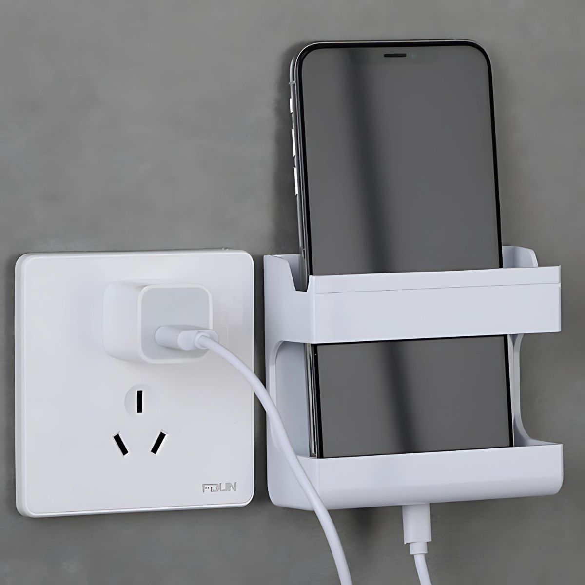 Organizador de Pared para Celular y Accesorios. Repisa de cargador celular Soporte Adhesivo Multifuncional. Color blanco. 86x36x97mm.