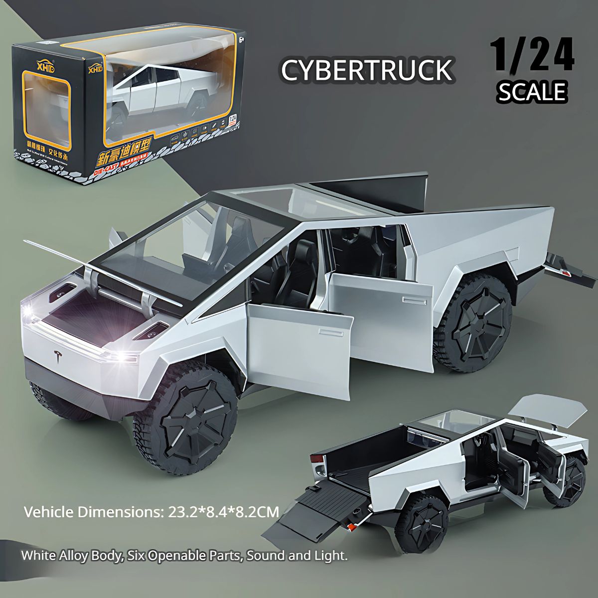 Juguete de auto Cybertruck Tesla a Escala 1:24. Camioneta coleccionable con luces y sonido.