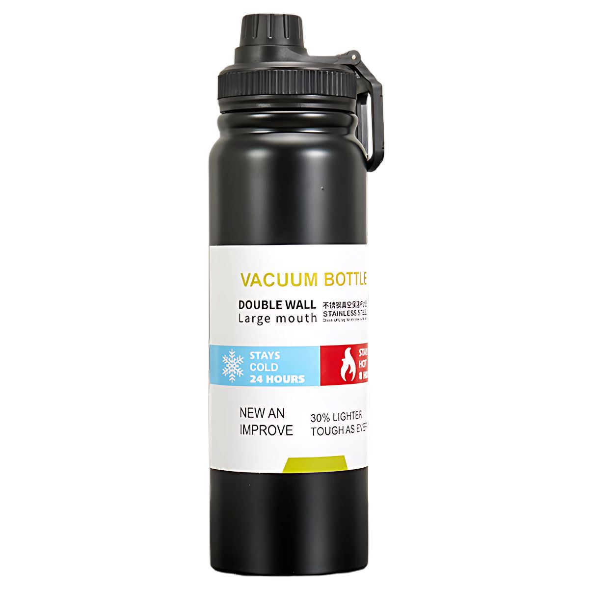 Botella de agua térmica 1000ml. Termo negro de doble pared. Acero inoxidable.