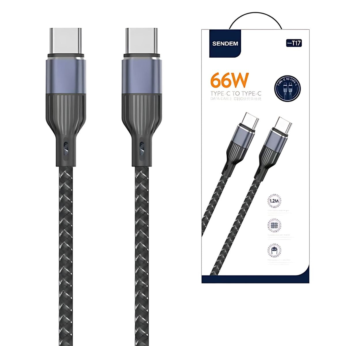Cable Tipo-C a Tipo-C de Carga Rápida 66W y Transferencia de Datos. Longitud de 1.2 Metros.