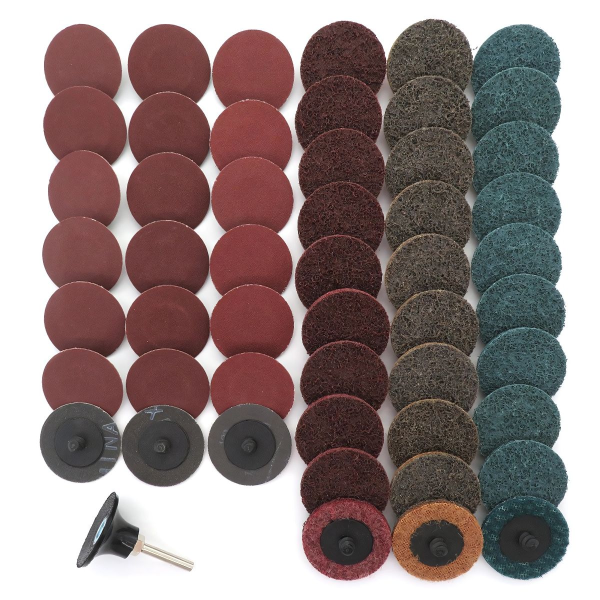 Discos de Lijar 2” (Set de 52 piezas). Con Adaptador para Taladro. Roloc R Tipo Rápido, Discos Abrasivos y Pulido para Metal, Madera y Plástico.