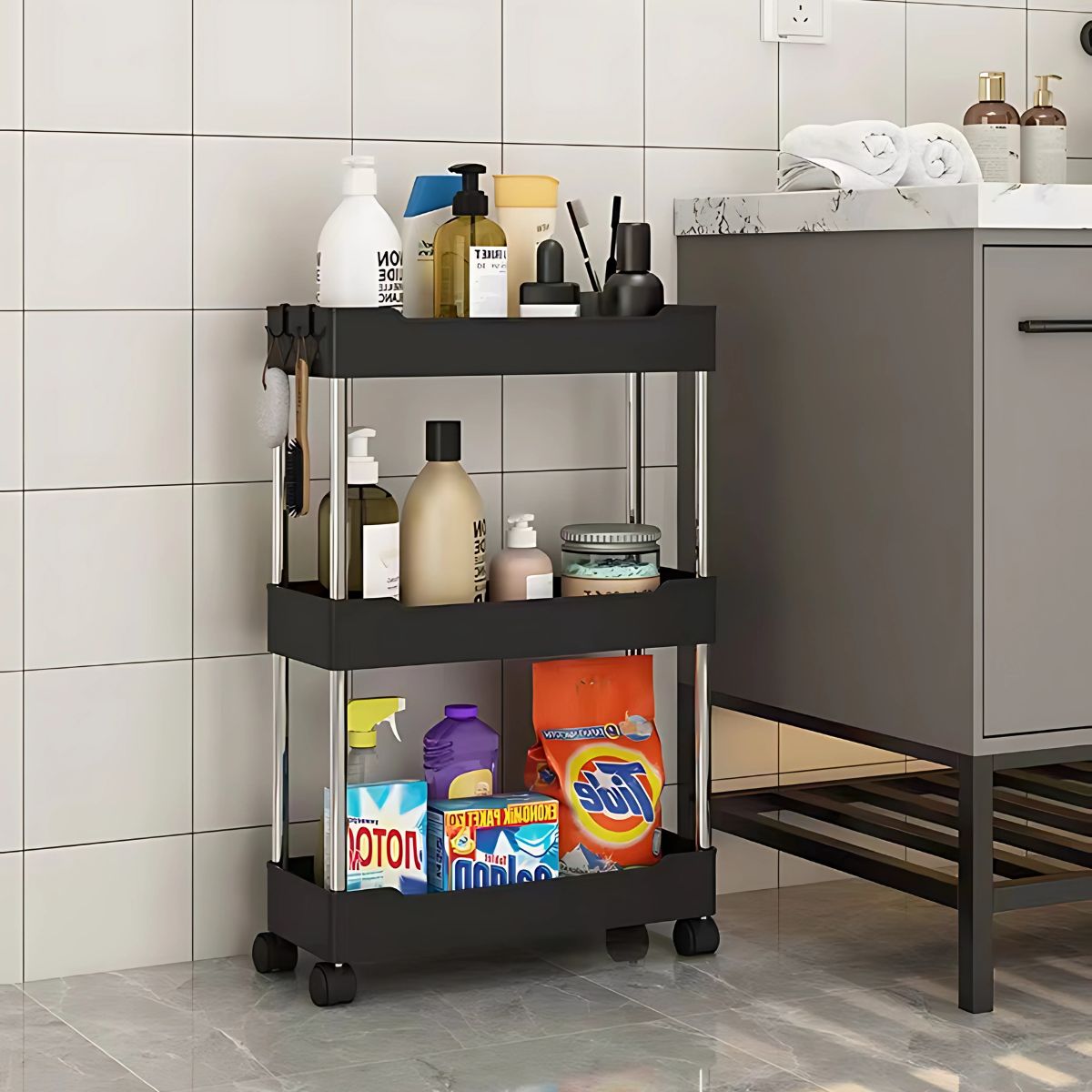 Carrito organizador de 3 niveles. Color negro 40x22x61cm. Anaquel multiusos de almacenaje con ruedas.