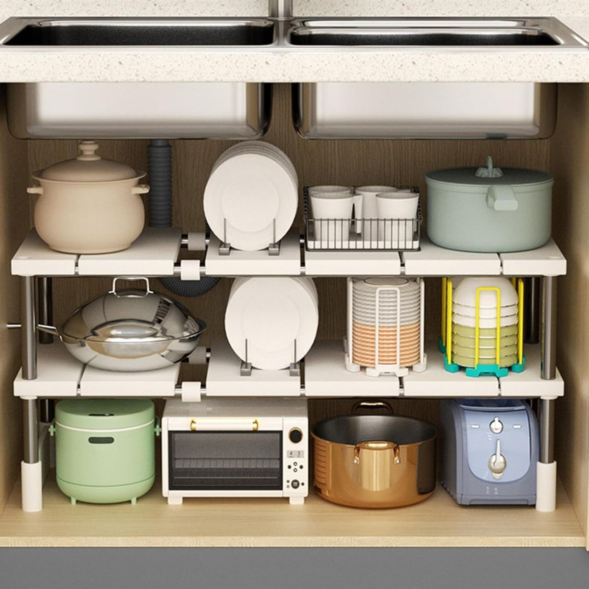 Estante organizador ajustable de 2 niveles. Color Blanco. Ideal para debajo del fregadero. Repisa de almacenamiento. Para cocina debajo del fregador
