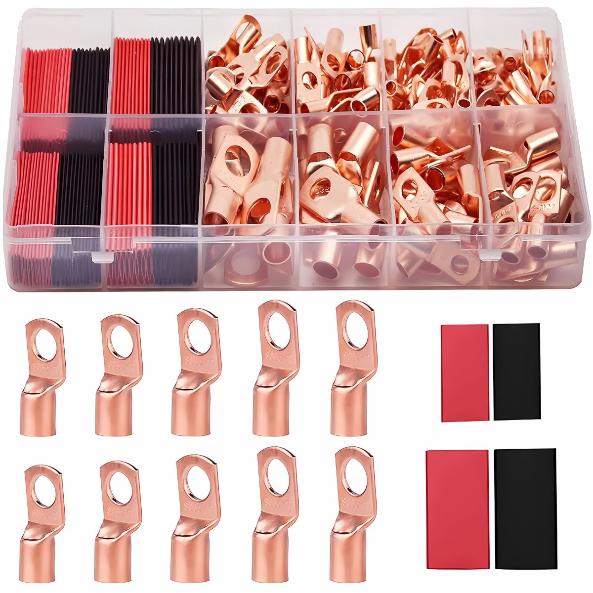 Terminales electricos Recubiertos de Cobre con 80 Cubiertas Protectores y Tubos Termocontraíbles (Juego de 160 piezas). Conjunto de conectores eléctricos.