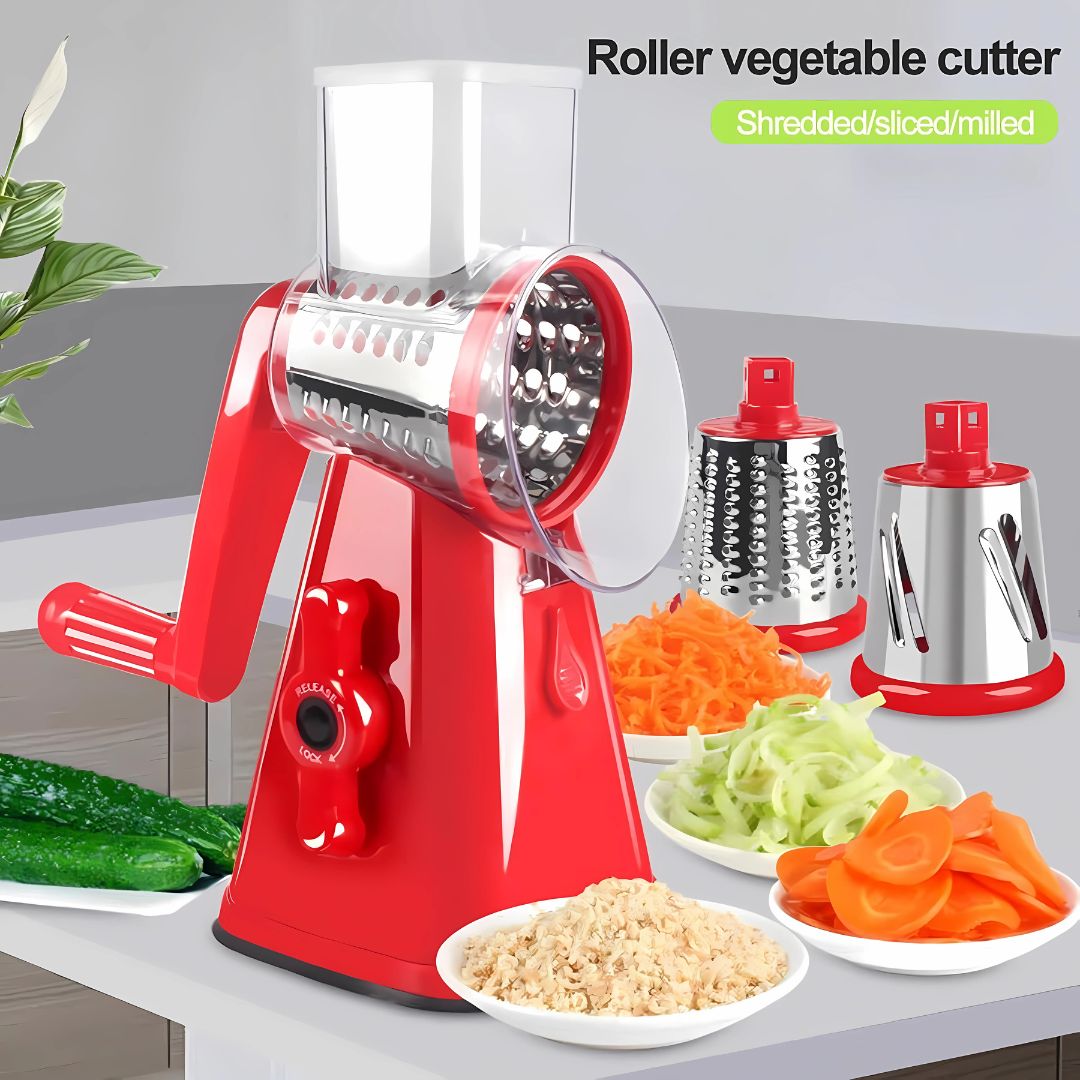 Rallador Manual Giratorio con 3 Cuchillas Intercambiables para Cocina. Rebanador cortador para Verduras, Frutas y Más. Rallador queso (Color Rojo) Mandolina.
