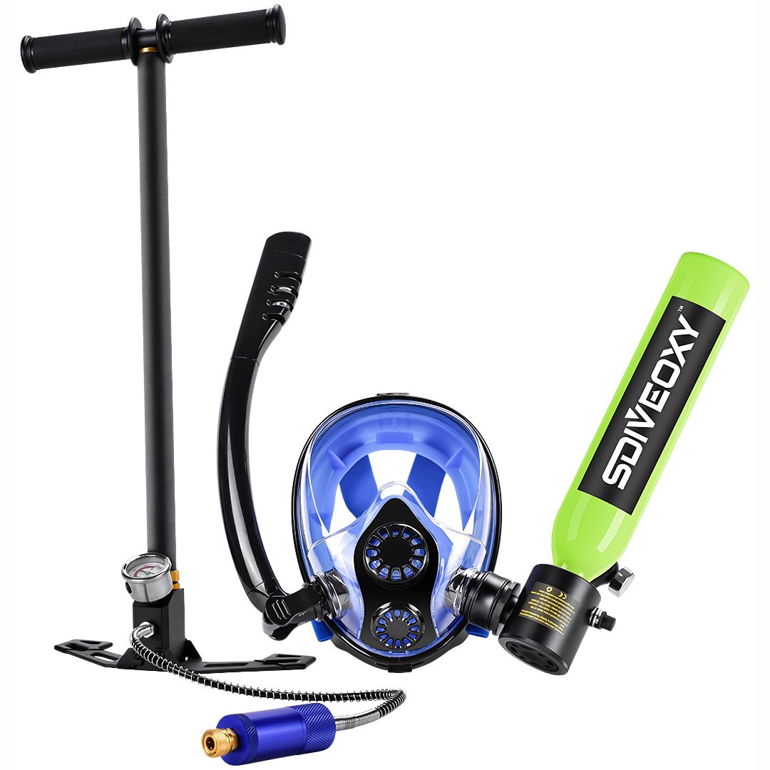 Mascara de buceo con tanque oxigeno de 0.5L. Incluye bomba manual aire comprimido. Kit de snorkel. (Tanque color verde) scuba 6 y 10 minutos de respiración