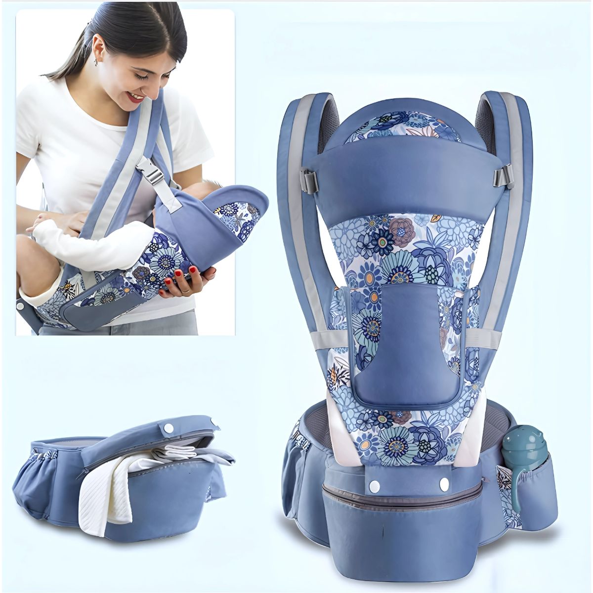 Porta bebe multifuncional 3 en 1. Soporte Ergonómico, Asiento y Canguro. (Peso max. 20kg). Cangurera Mochila Carguera de bebe.